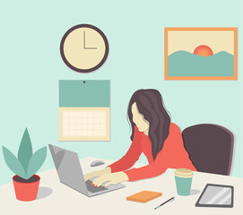 Woman working on laptop at the office. Graphic designer, web developer job. Brunette wearing red sweater. Plant and coffee cup at the table. Working space.