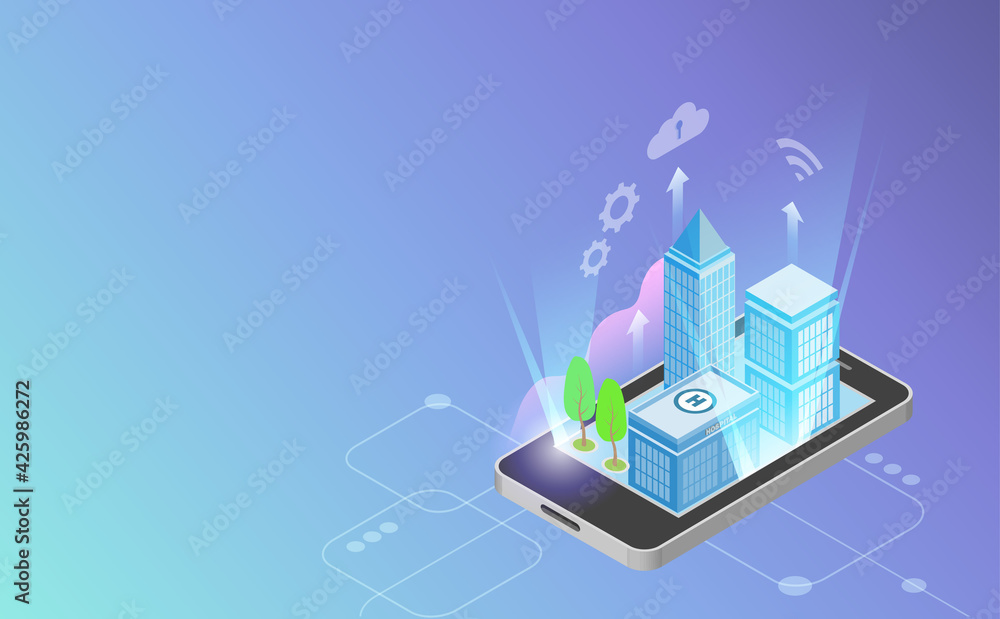 Poster futuristic smart city buildings on virtual digital phone screen. intelligent buildings using cloud c