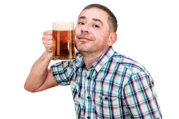 A man in a shirt presses a glass of beer to his face. Isolated white background.