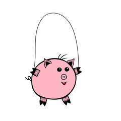 Pink Vector piggy fat boy jumping rope on a white background