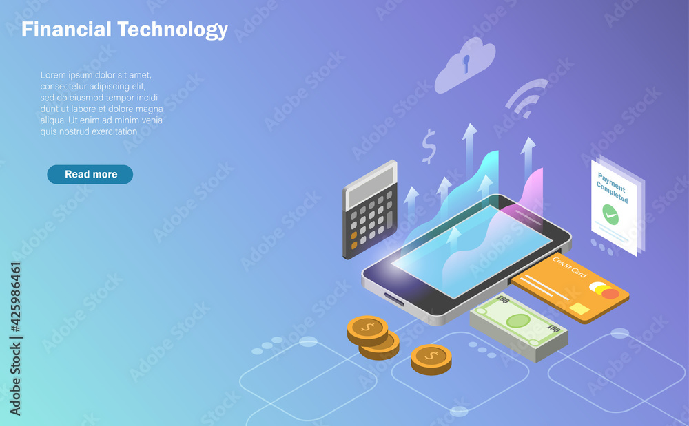 Poster wireless financial technology and cyber security. isometric view of virtual smartphone using cloud c