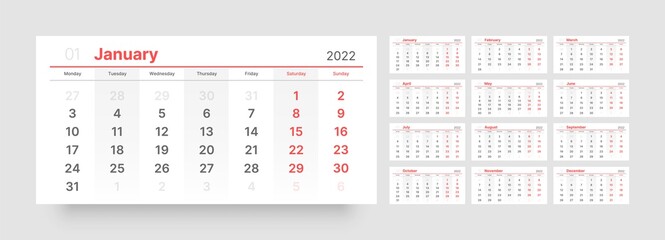 Monthly calendar for 2022 year. Week Starts on Monday.