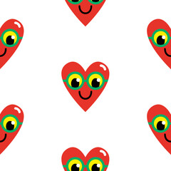 Seamless pattern of hearts in glasses, faces with smiles. Abstract funny cute comic vector pattern. Colorful fashion illustrations on a white background. Cartoon style, flat design. For prints, cards.