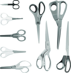 A set of scissors 9 pieces. Vector illustration of scissors for sewing, manicure, office.