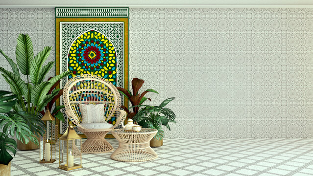 Arabic,Islamic style interior.Rattan chair,table and arabic pattern in background.3d rendering