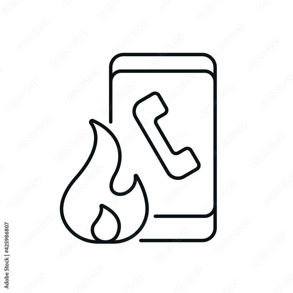 Poster call for help in case of fire linear icon. firefighters. rescue service. thin line customizable illu