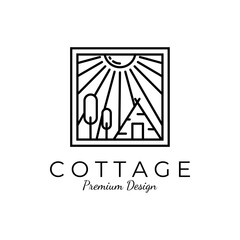 minimal cottage with sunburst icon logo vector symbol illustration design