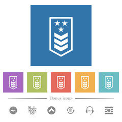 Military insignia with three chevrons and three stars flat white icons in square backgrounds