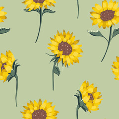 Vector Sunflowers in Natural Colosr on Soft Pastel Green seamless pattern background. Perfect for fabric, scrapbooking and wallpaper projects.