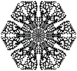 Black silhouette of snowflake on a white background. Winter composition. Christmas, New Year.