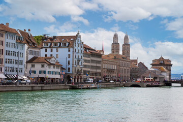 Naklejka premium The embankment of the city of the river Limmat. Zurich, Switzerland