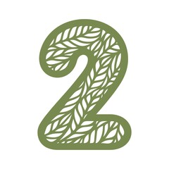 Number 2 (two) with leaf pattern. Spring or summer font with floral ornaments. Decorative element for eco sign, logo, icon. Green digit on a white background. Flat style. Vector illustration.