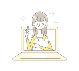 パソコンから笑顔で案内をする女性が飛び出しているイラスト