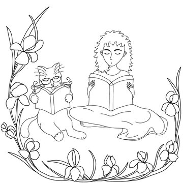 Сoloring page. Girl and cat reading books. Cartoon picture of a cat and a girl. Raster illustration