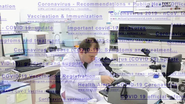 The links of imaginary no-existing websites with the rushing doctor in lab working with many devices in round.