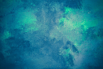 Painted old concrete wall, dark blue neon paint. Shabby ink texture, backgrounds, art canvas. Colored pattern. Painting design. Abstract grunge backdrop, template. Decorative plaster, primer.
