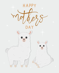 Vector cartoon card. Happy mother's day with llama family on grey background. Cute alpaca