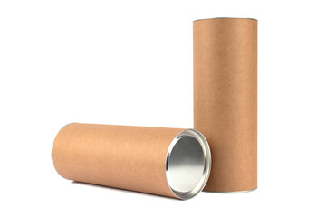 Recyclable paper tube with metal plug end made of kraft paper or cardboard isolated on white. Sustainable and ecological packaging concept. Selective focus