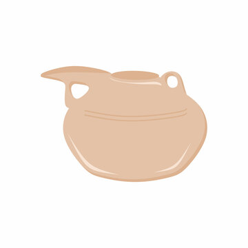 A ceramic lota or "bodna" or watering pot placed isolated on a white background. Small vessel with a barrel that serves as a spout and a handle. Drinking concept. Flat vector illustration