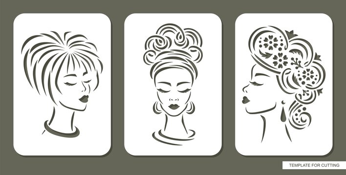 Set of stencils with women faces. Carved panels with beautiful girls heads, full face, profile. Different hairstyles. Vector layout for plotter laser cutting of paper, cardboard, plastic, plywood, cnc