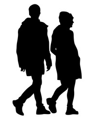 Young man and woman walking down the street. Isolated silhouette on a white background
