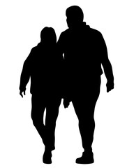 Young man and woman walking down the street. Isolated silhouette on a white background