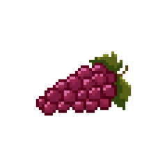 Pixel art red grapes icon. Isolated pixel bunch of grapes symbol. Pixels vector grape art on white background. 8 bit gaming style grapes icon for web and game design. Pixel art red grapes and leaf