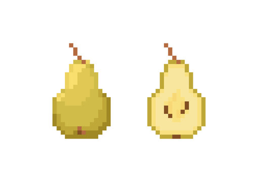 Pixel art pear icon set. Pixels retro game green pear and half pear icons. 8 bit or 16 bit style apple icons for game or web design. Cute Flat 8 bits vector pixel art fruit symbol.