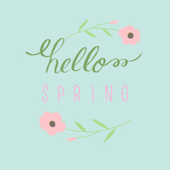 Hello spring design banner on green background, illustration template for spring season