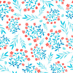 Fototapeta na wymiar Pattern of watercolor flowers and plants on a white background