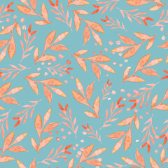 Watercolor plant pattern with leaves on mint background