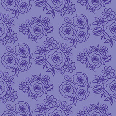 Fototapeta na wymiar Hand drawn florals peonies outline style.Violet purple doodle peony flowers and daisy plants. Monochrome floral seamless pattern