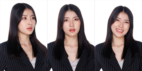 Asian Woman black hair formal black strip suit. Girl turns 360