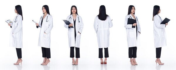Doctor Female stands holding files and turns 360 around full length