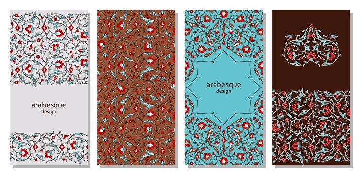 Set of vertical arabesque floral banners. Branches with flowers, leaves and petals