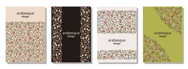 Set of vertical arabesque floral banners. Branches with flowers, leaves and petals © klerik78