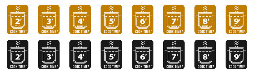 Stamps for product packaging. Recommended cooking times for pasta and other food products. Flat icon of chef caps and cutlery with time indicator. Vector set.	