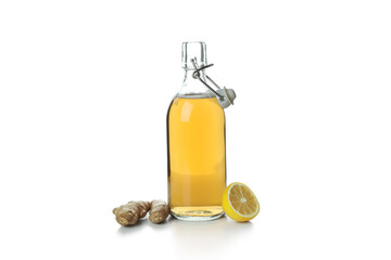 Bottle of ginger beer and ingredient isolated on white