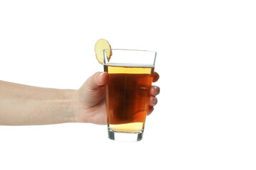 Female hand hold glass of ginger beer, isolated on white