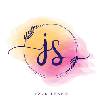 JS Initial handwriting logo. Hand lettering Initials logo branding, Feminine and luxury logo design isolated on colorful watercolor background.