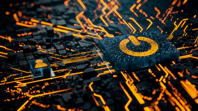 Activate Technology Concept with power symbol on a Microchip. Orange Neon Data flows between the CPU and the User across a Futuristic Motherboard. 3D render.
