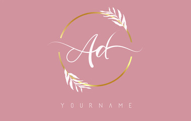 AD a d Letters logo design with golden circle and white leaves on branches around. Vector Illustration with A and D letters.