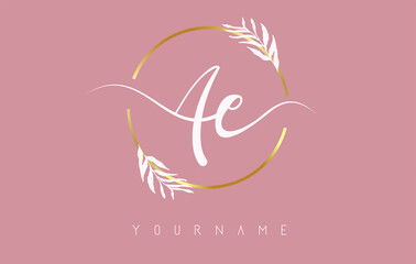 AE a e Letters logo design with golden circle and white leaves on branches around. Vector Illustration with A and E letters.
