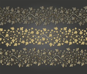 Arabesque golden seamless floral pattern. Branches with flowers, leaves and petals