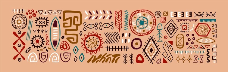 Set of abstract African tribal geometric shapes, ancient ethnic traditional symbols and ornate signs. Hand-drawn oriental elements in doodle style. Isolated colored flat vector illustrations
