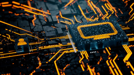 Display Technology Concept with Monitor symbol on a Microchip. Orange Neon Data flows between the CPU and the User across a Futuristic Motherboard. 3D render.