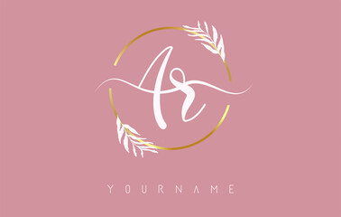 AR a r Letters logo design with golden circle and white leaves on branches around. Vector Illustration with A and R letters.