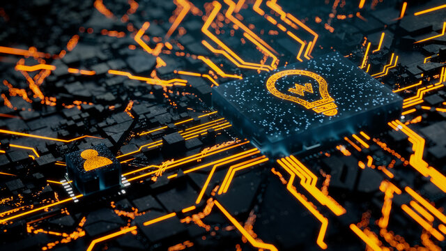 Innovation Technology Concept with lightbulb symbol on a Microchip. Orange Neon Data flows between the CPU and the User across a Futuristic Motherboard. 3D render.