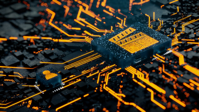 Entertainment Technology Concept with movie symbol on a Microchip. Orange Neon Data flows between the CPU and the User across a Futuristic Motherboard. 3D render.