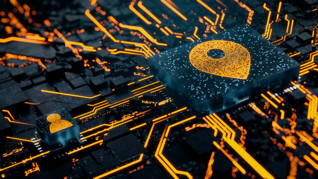 Location Technology Concept with map pin symbol on a Microchip. Orange Neon Data flows between the CPU and the User across a Futuristic Motherboard. 3D render.